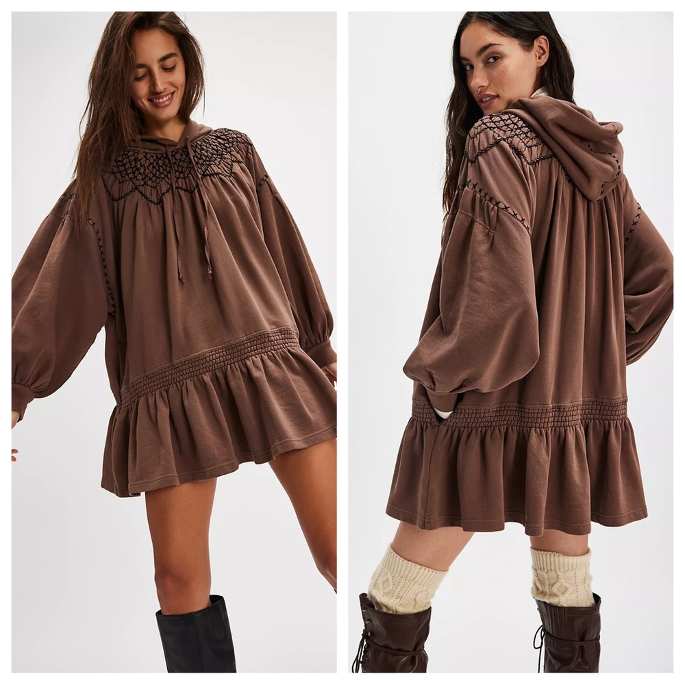 Free People Marty Smocked Embroidered Brown Hooded Mini Dress